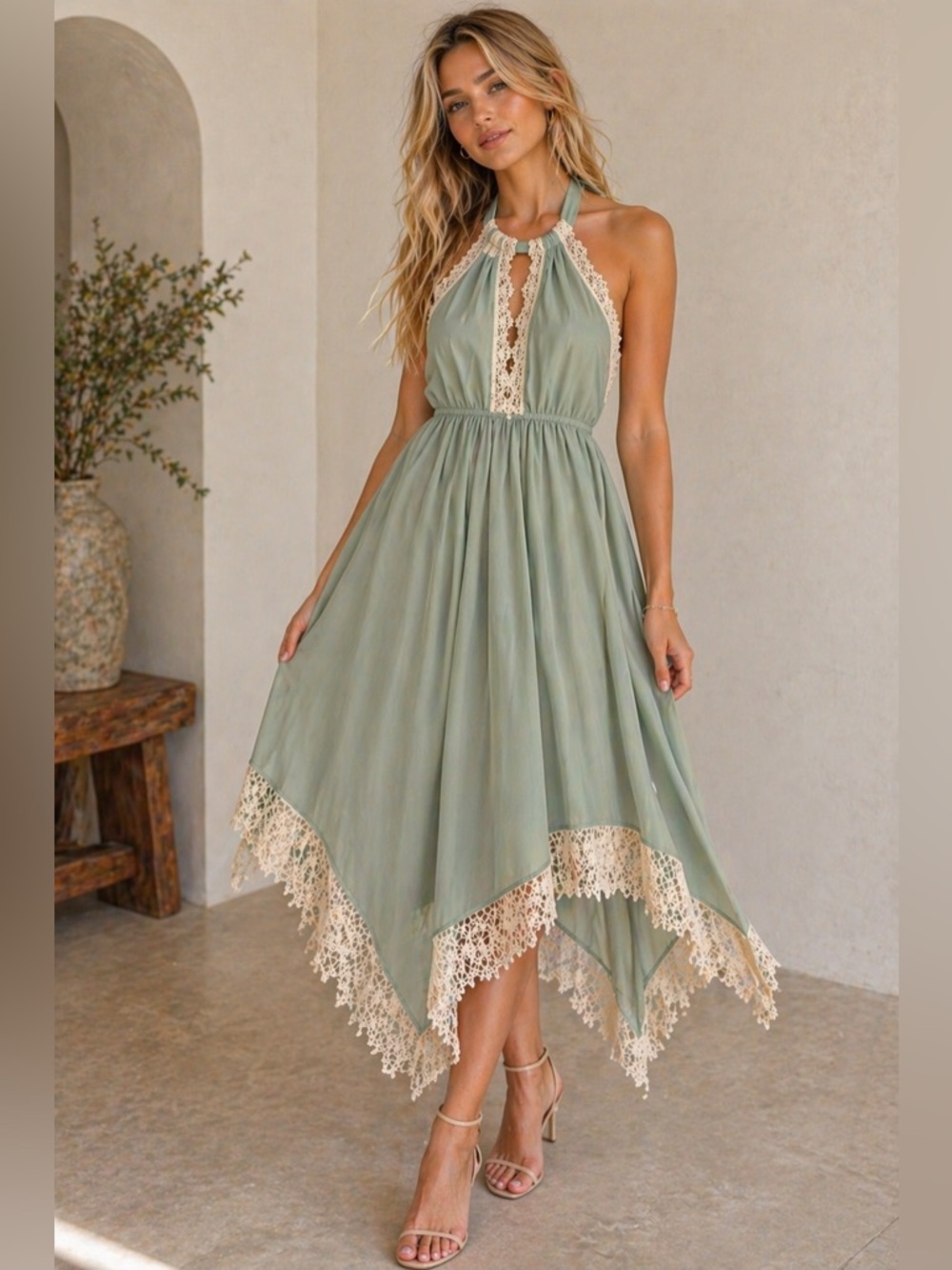 re:named Light Blue Halter Dress with Cream Lace Trim